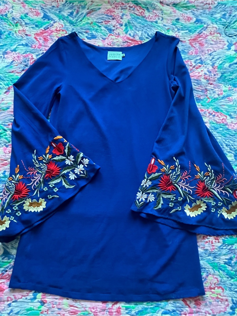 Judith March Royal Blue V-Neck Dress with Embroidered Bell Sleeves